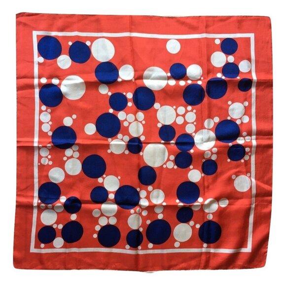 Vintage Polka Dot Silk Scarf Hand-Rolled Hem Square Blue White Dots On Red Backg - Picture 1 of 1